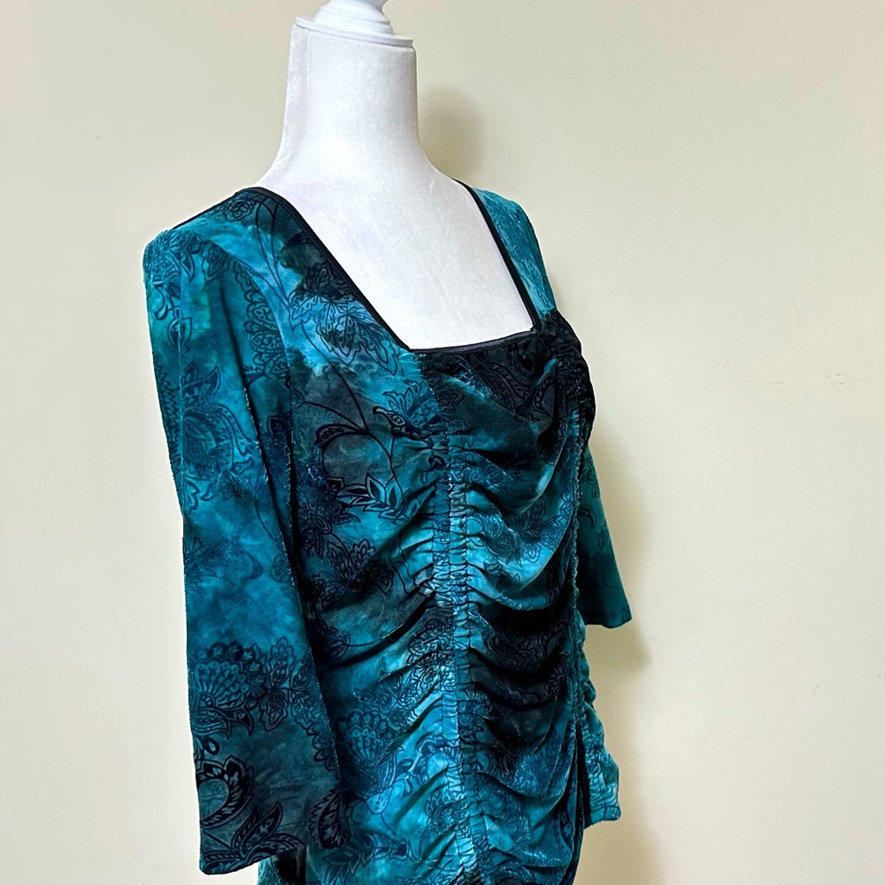 Sami & Jo Blue Green w Black Square Neckline Ruched Down Front Blouse Top LP - Picture 5 of 15
